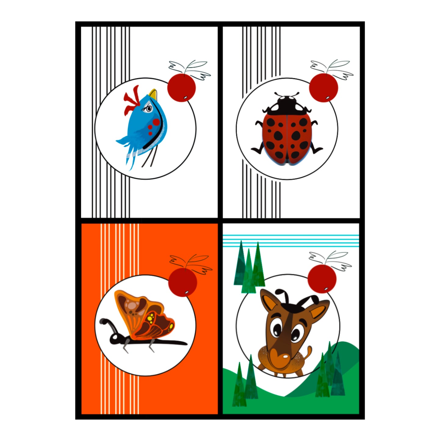 Berries & Wings - Set of 4 Linen Greeting Cards