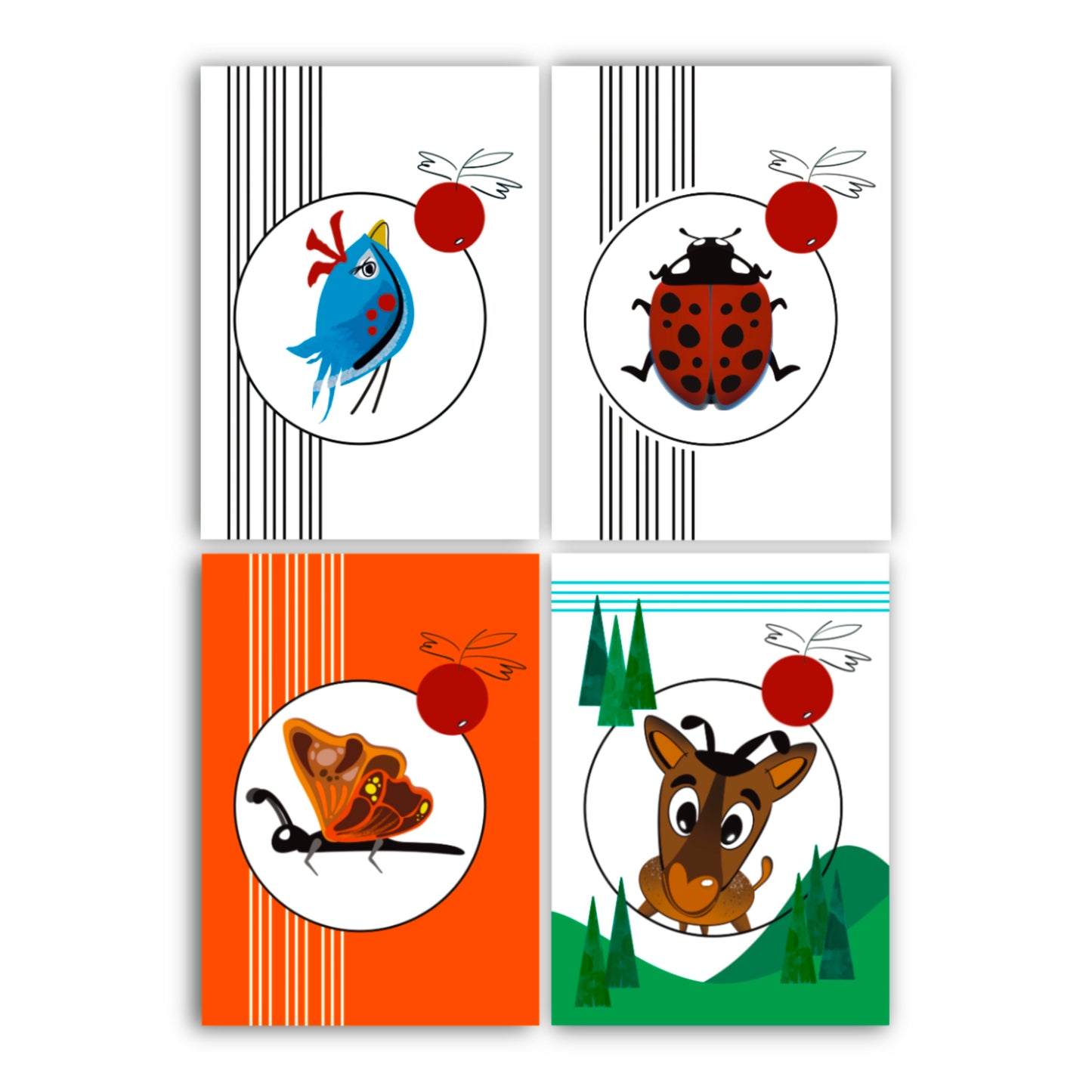 Berries & Wings - Set of 4 Linen Greeting Cards