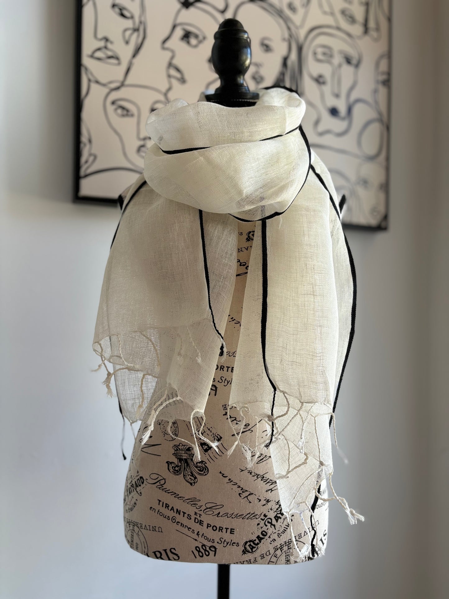 Scarf Linen Handwoven Black Selvedge