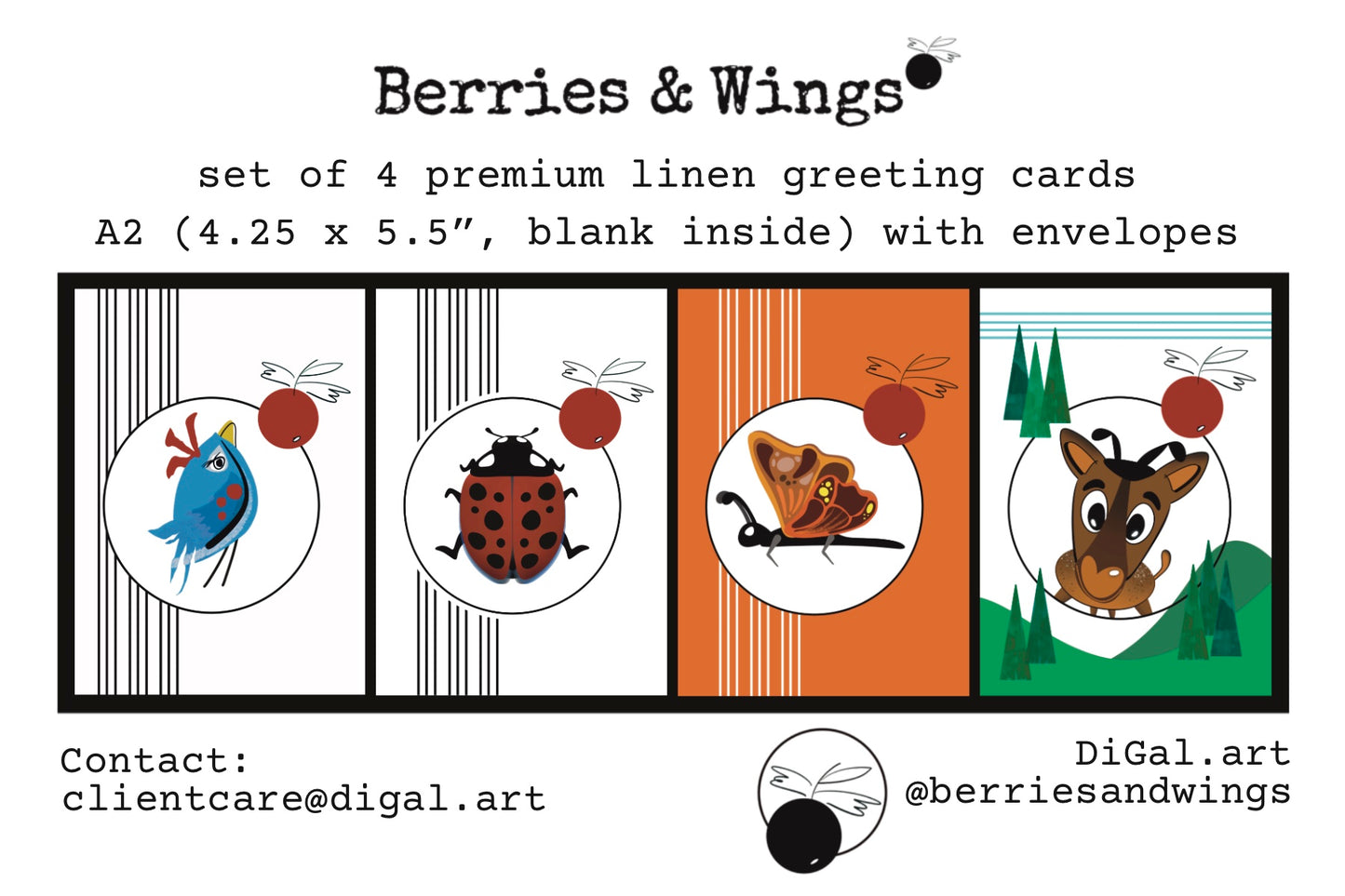 Berries & Wings  - Set of 4 Linen Greeting Cards