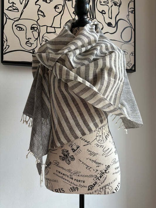 Scarf Organic Kala Cotton Grey & Cream Stripes