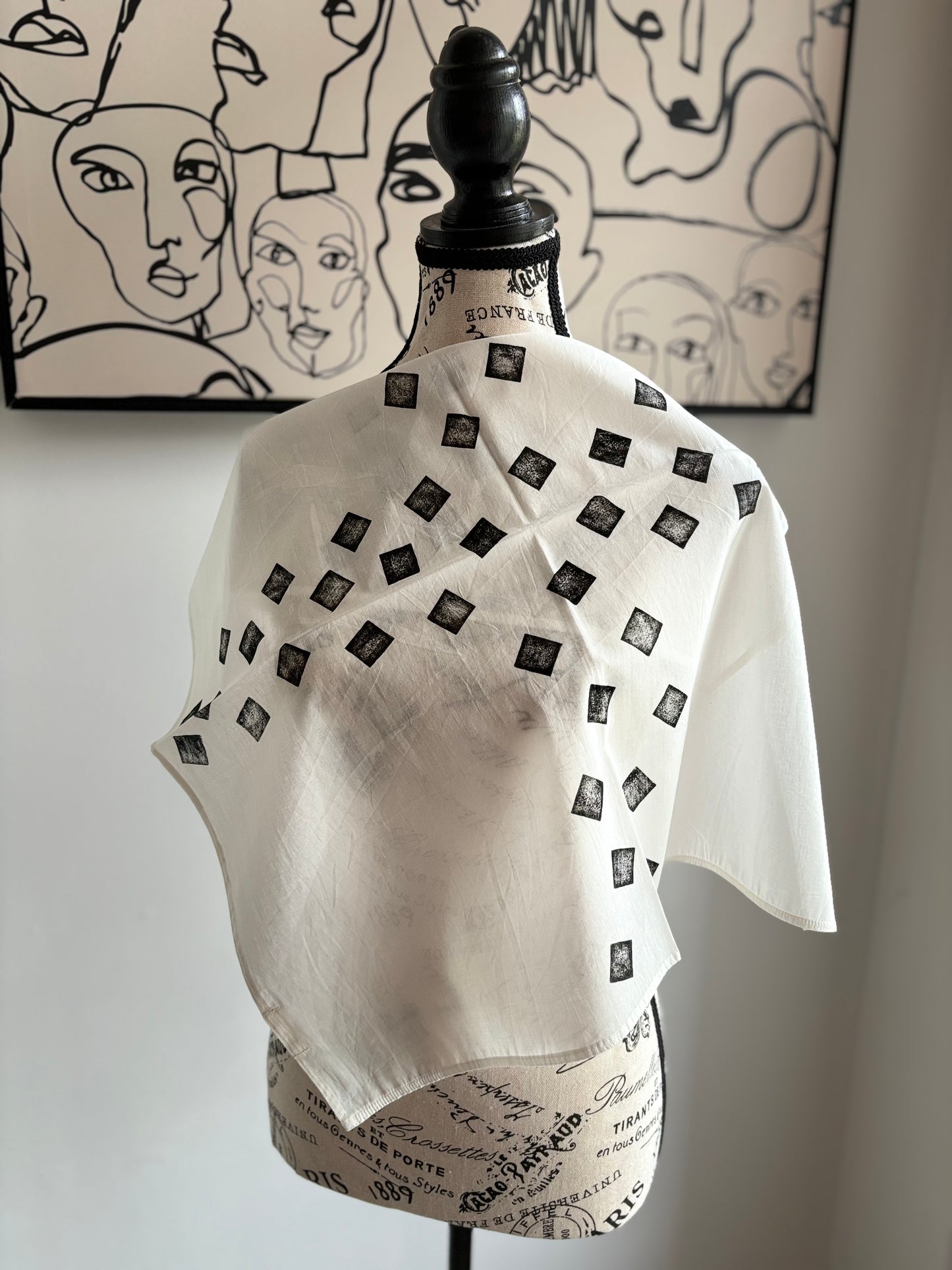 Square Scarf Organic Cotton - Cubes Criss-Cross Design - Black & White