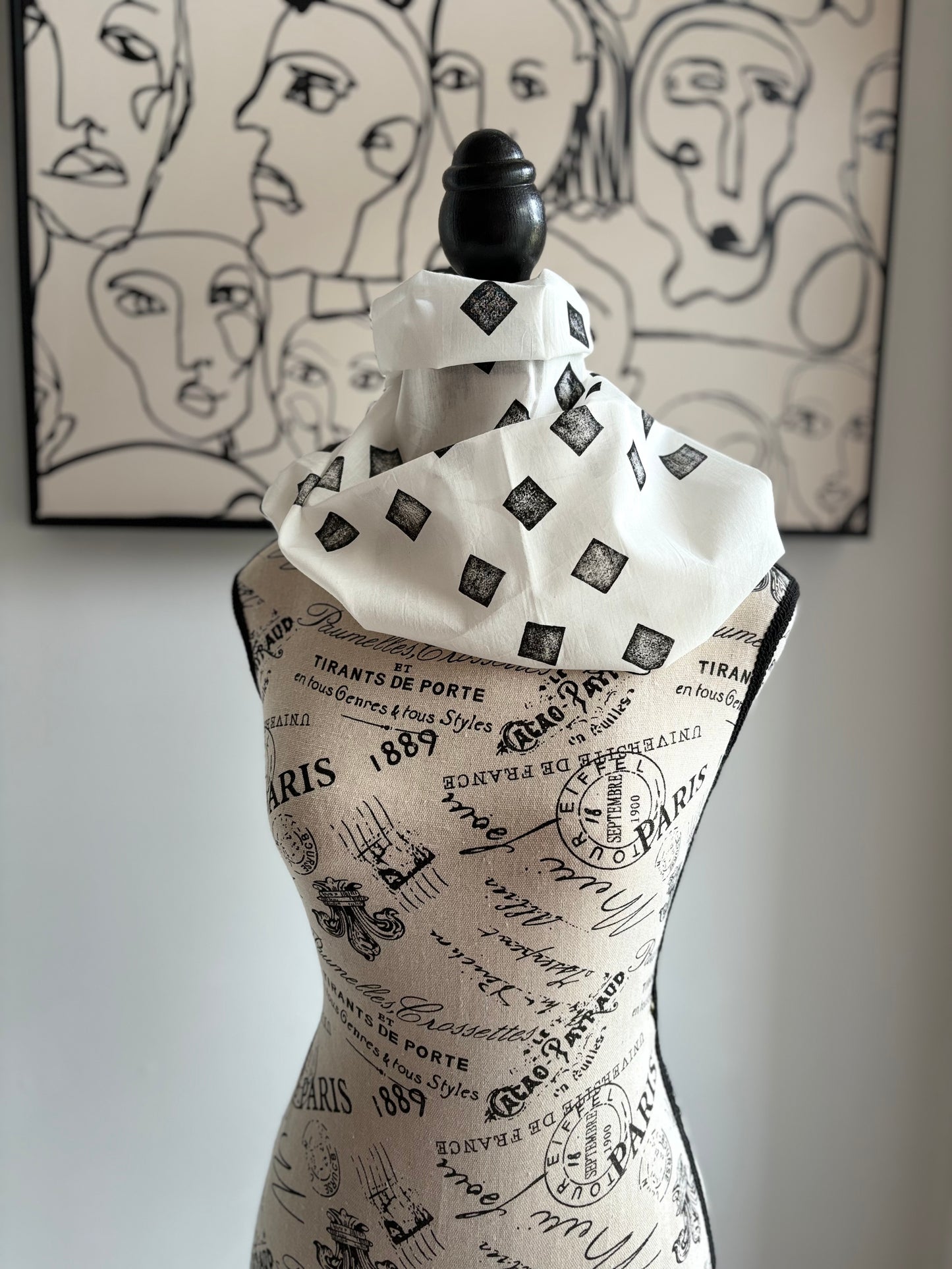 Square Scarf Organic Cotton - Cubes Criss-Cross Design - Black & White