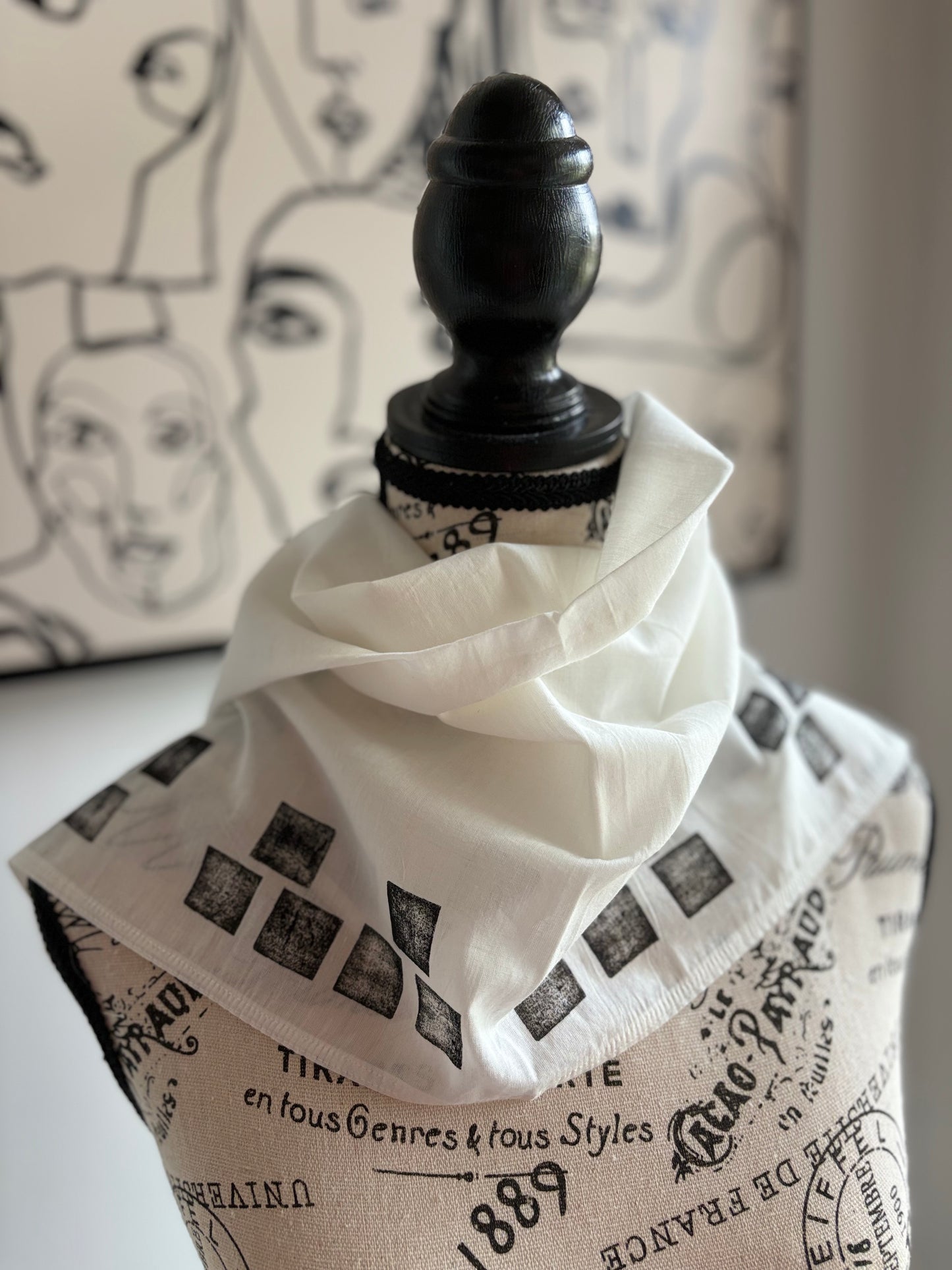 Square Scarf Organic Cotton - Cubes Border Design - Black & White