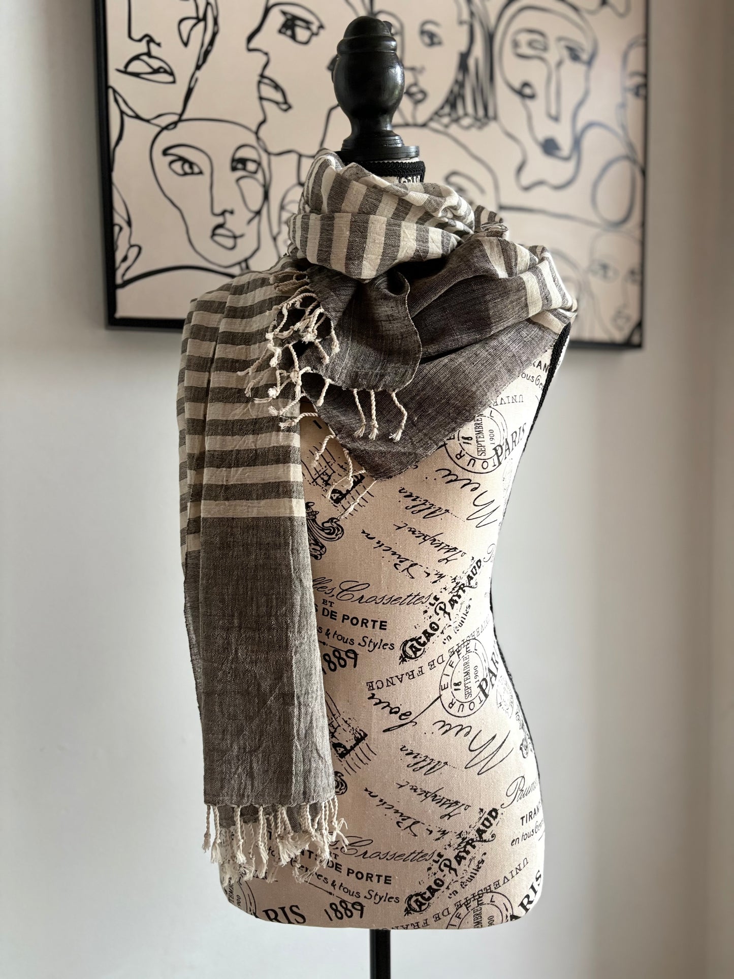 Scarf Organic Kala Cotton Grey & Cream Stripes