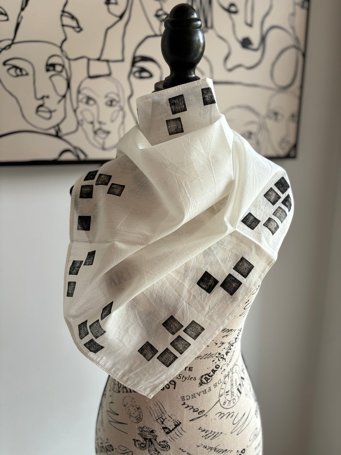 Square Scarf Organic Cotton - Cubes Border Design - Black & White