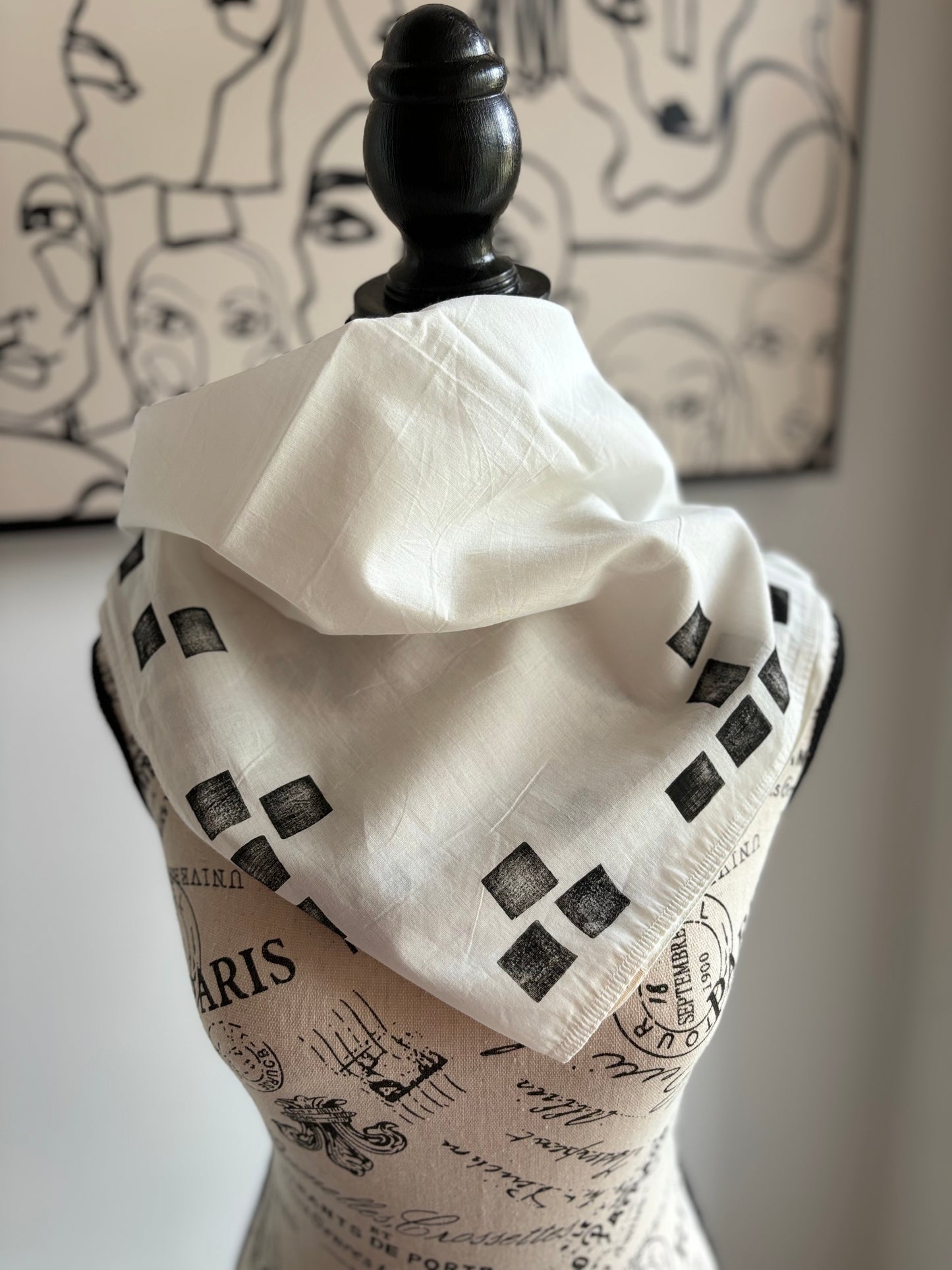 Square Scarf Organic Cotton - Cubes Border Design - Black & White