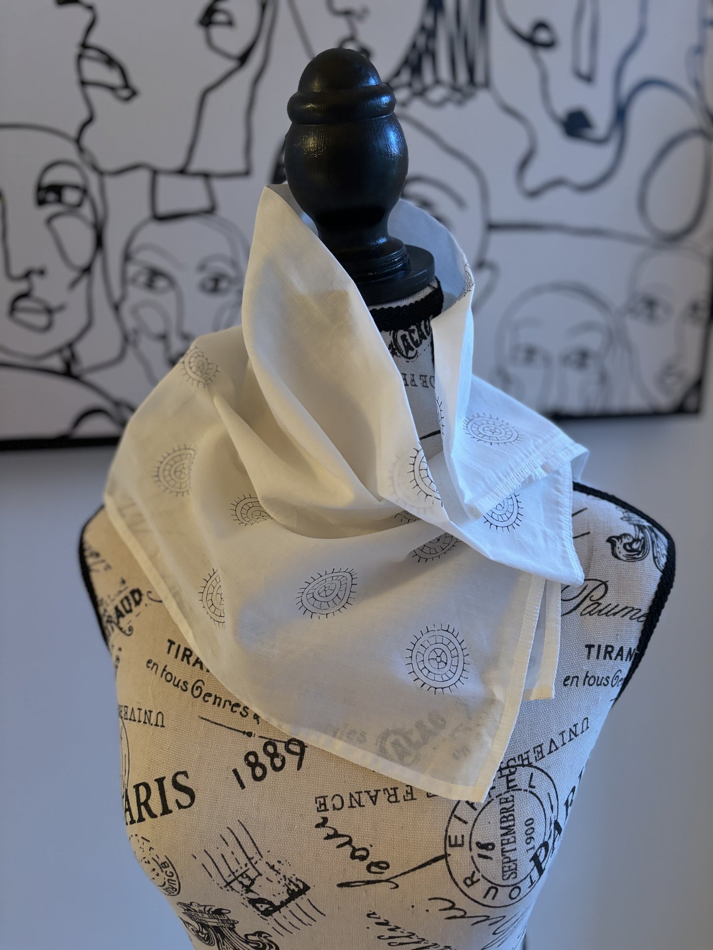 Square Scarf Organic Cotton - Mehndi Circles Border - Black & White