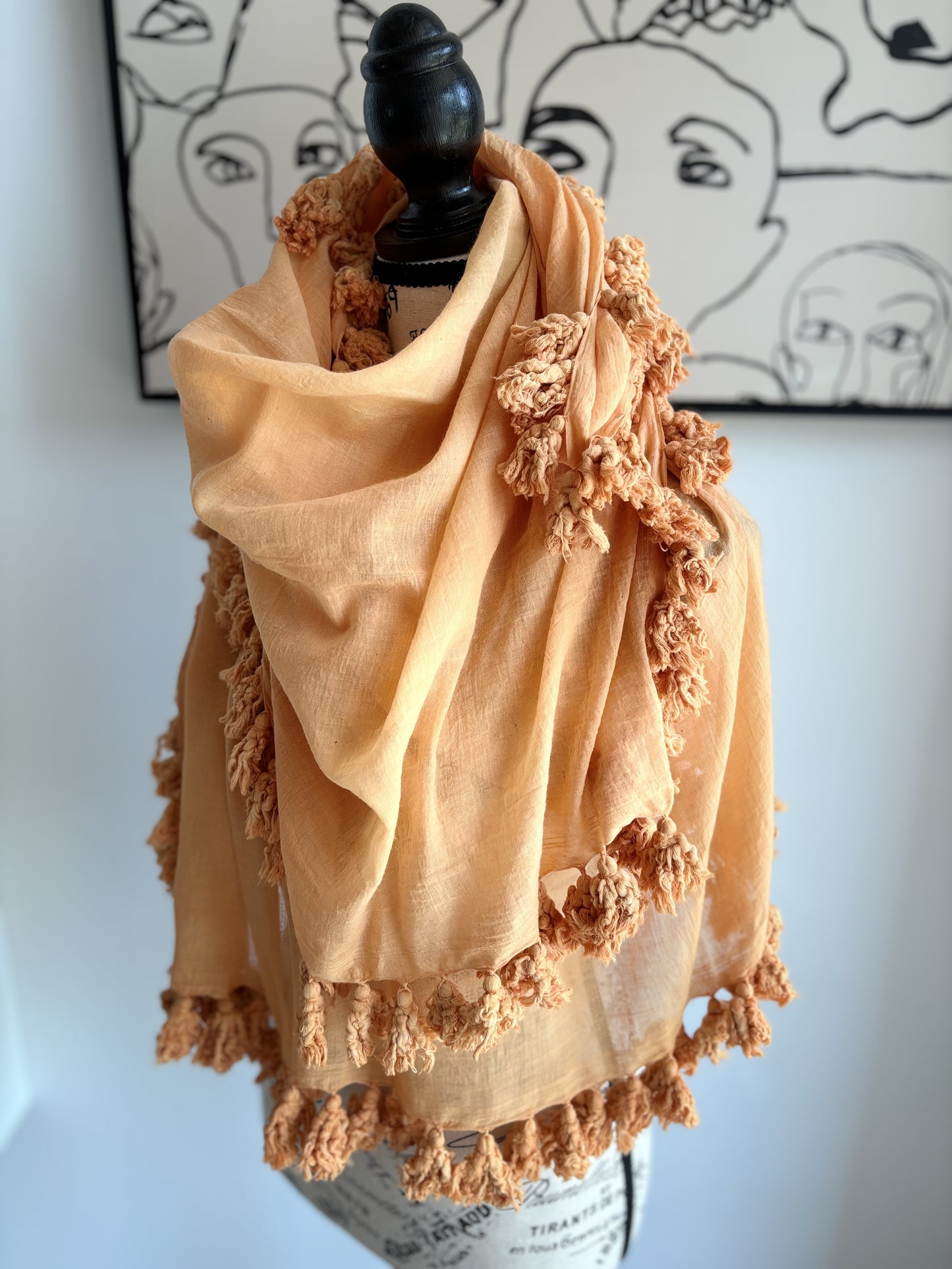 Pumpkin Collection - Scarf Cotton Square with Pom Poms Peach Orange